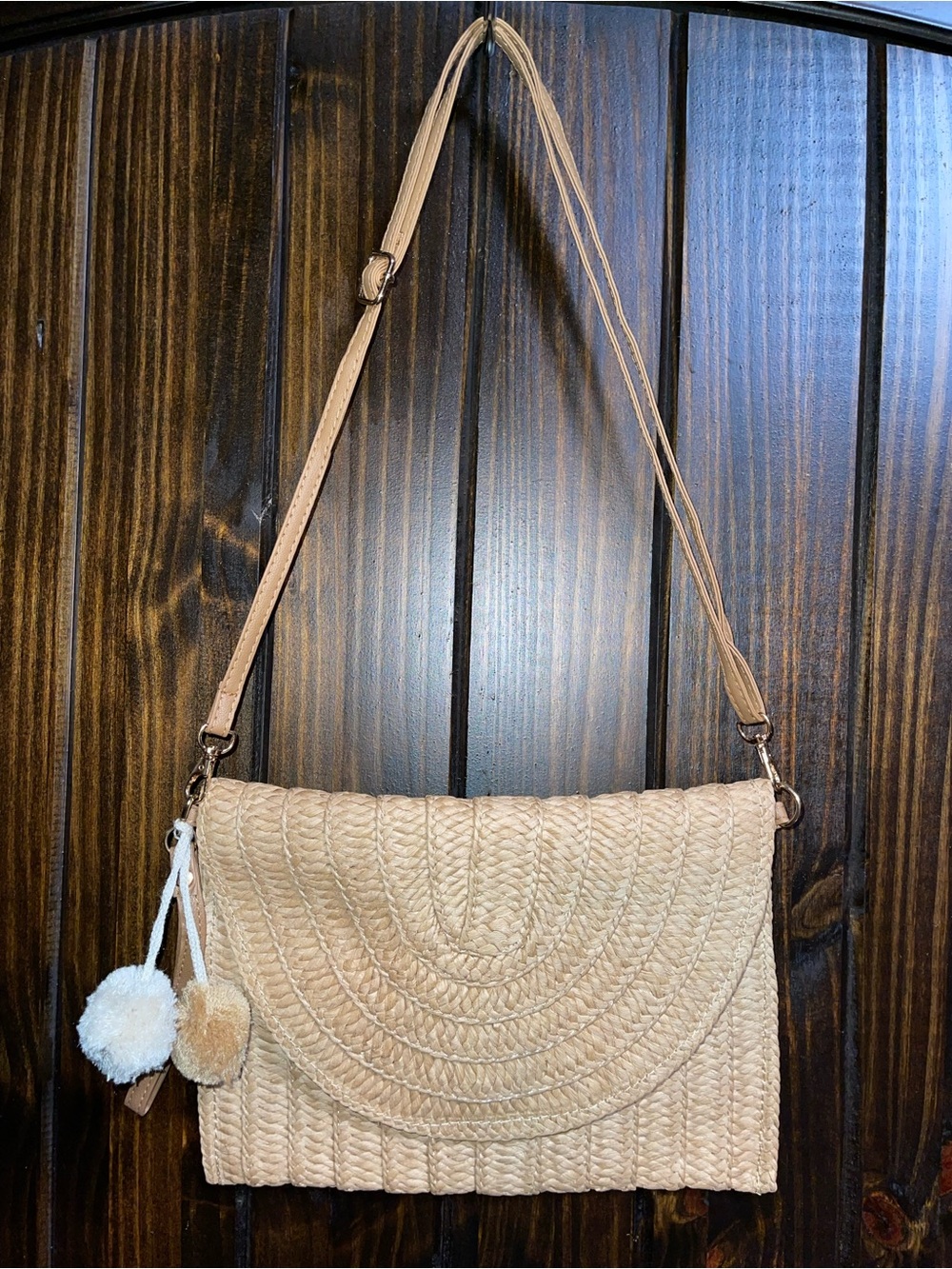 Straw Woven Crossbody Bag in Tan with Pom Charm